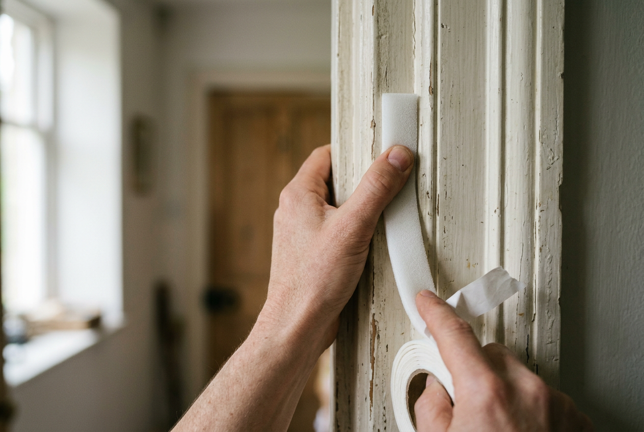 Hand pressing self-adhesive foam tape into a wooden door frame