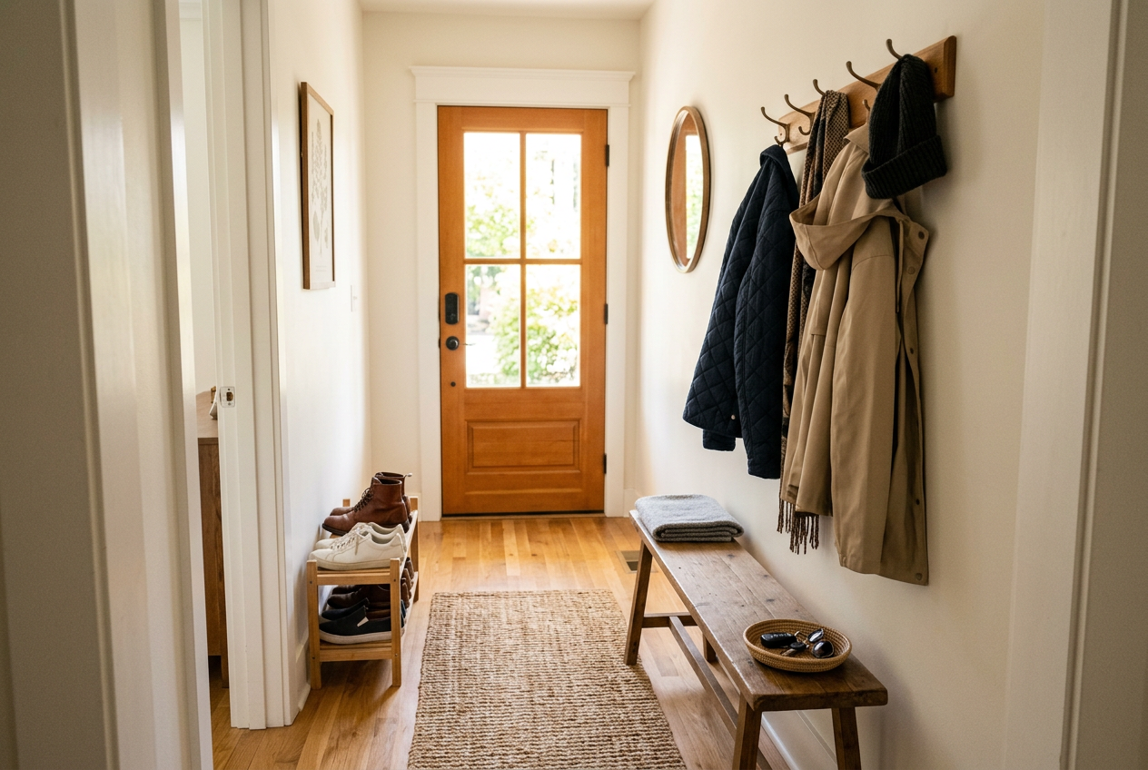 Tidy narrow hallway with a bench, wall hooks and a shoe rack