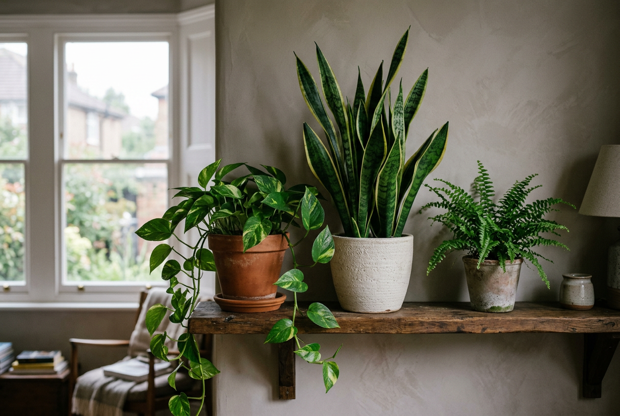 Houseplants on a shelf set back from a north-facing window