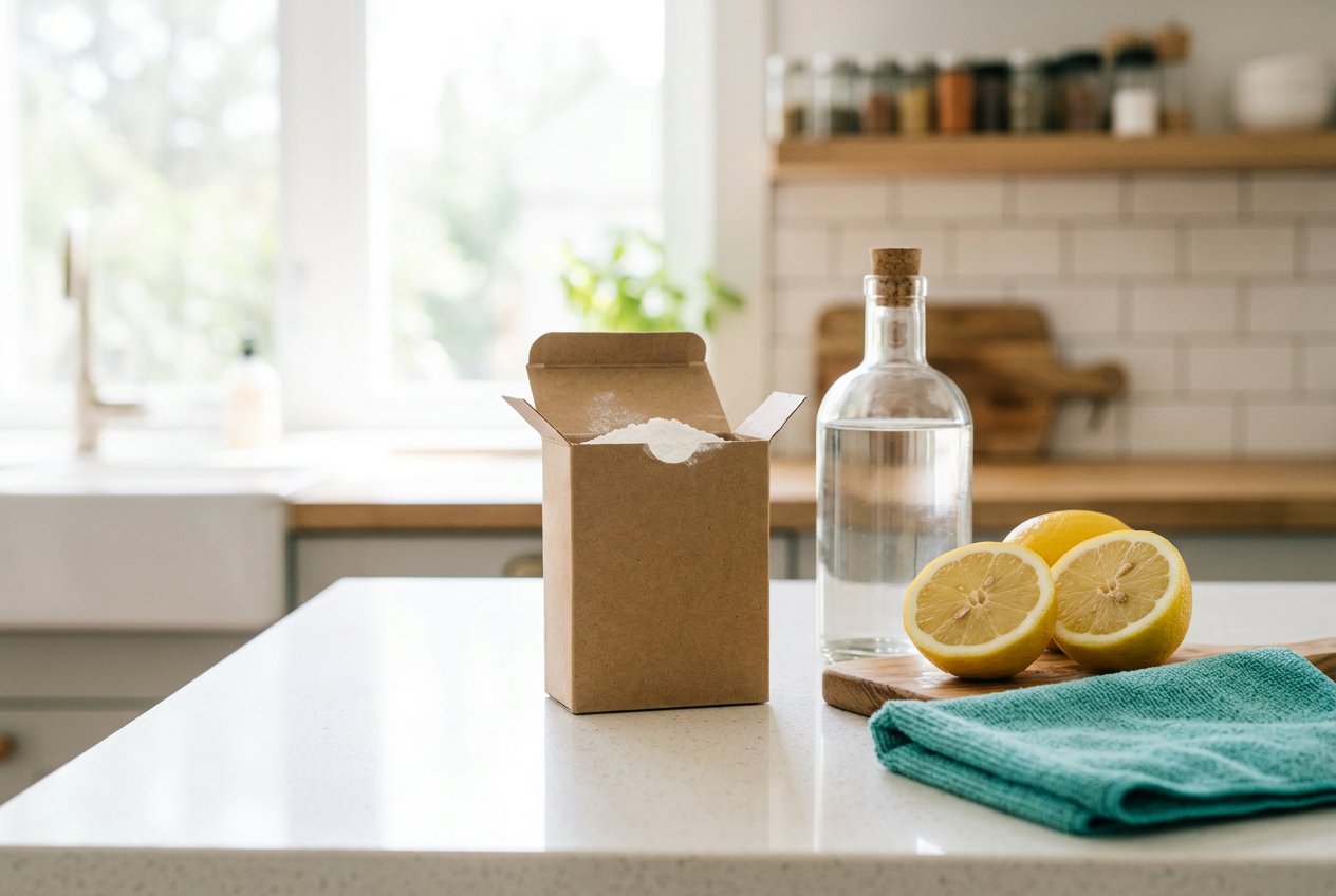 Baking soda, white vinegar and a lemon on a kitchen worktop next to a cloth