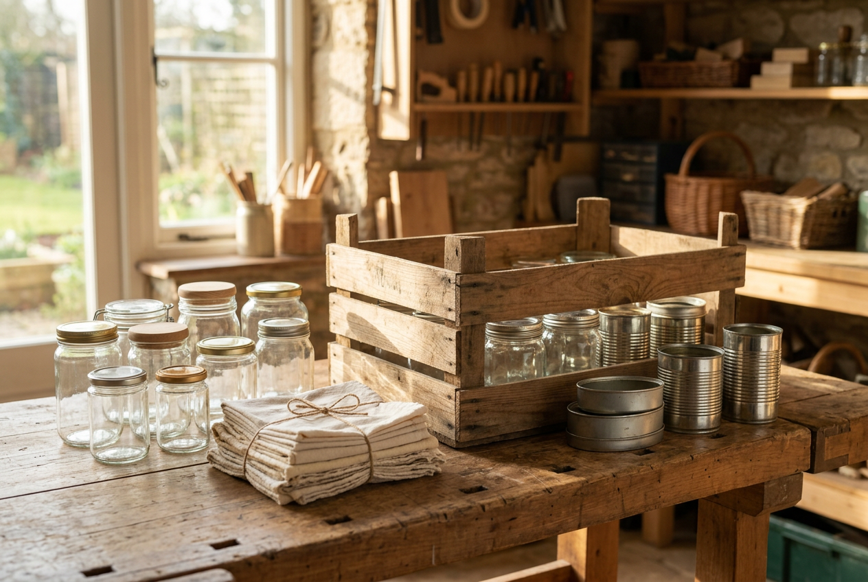 Glass jars, cloths, a wooden crate and tins set out for reuse