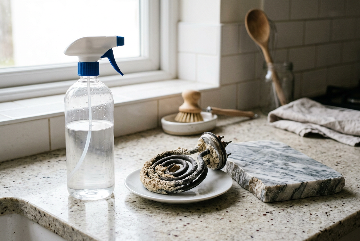 Spray bottle of vinegar solution beside a limescaled kettle on a worktop